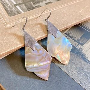 SOLD-Vintage Stylized Fan Leaf shaped Abalone Shell & Sterling Drop Earrings